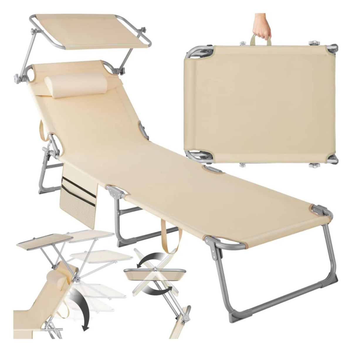 Tumbona Plegable de Jardín de Acero – Reclinable 6 Posiciones con Parasol, Reposacabezas y Bolsillo Lateral