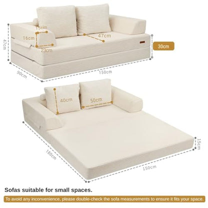 MeMoreCool Sofá-cama conversível, sofá dobrável de veludo con almofadas, sofá sem ossos, confortável sofá de dois lugares para sala de estar e quarto, cor bege