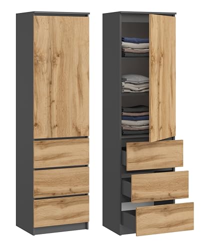 Armario multiusos con 3 cajones, 3 conpartimentos e portas, armário para casa e escritório, 180,5 x 50 x 40 cm (grafite/carvalho Wotan)