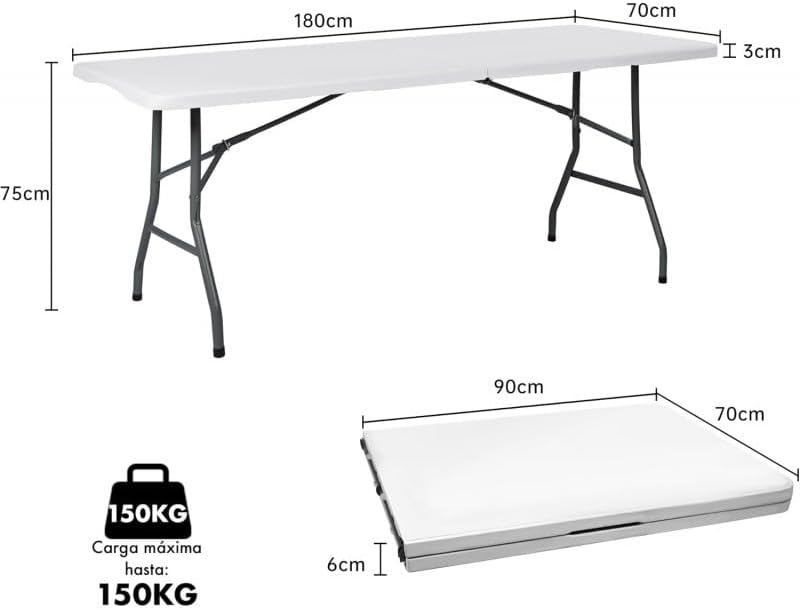 Mesa Plegable Portátil 180x70 cm – Mesa Rectangular para Camping, Jardín, Eventos y Reuniones