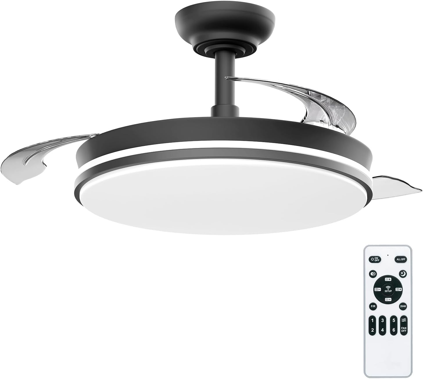 Ventilador de techo LEDUNI con luz y mando a distancia, 3 aspas con motor DC de 30 W + luz LED de 66 W, temporizador, 6 velocidades, aspas retráctiles, 3 temperaturas de luz, función silenciosa para verano e invierno (blanco, 50 cm)