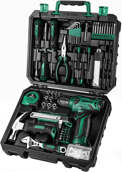 DEKO Juego Completo de Herramientas con Destornillador Eléctrico/Taladro de 8V, Maletín Profesional de 126 Piezas, Set Premium de Herramientas para Bricolaje en Hogar, Oficina y Jardín, Gris