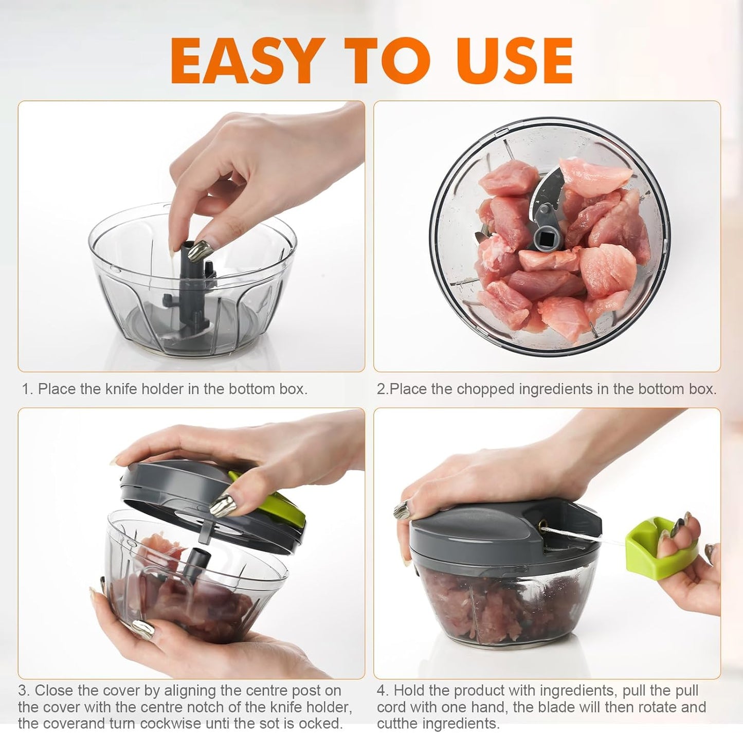 Picadora Manual de Alimentos Multifuncional – Cortador para Cebolla, Ajo y Verduras con Sistema de Tirador