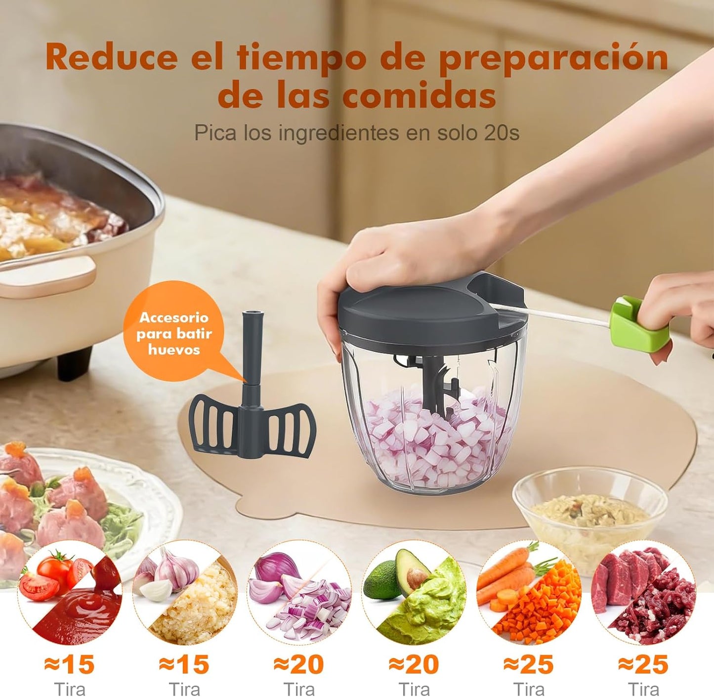 Picadora Manual de Alimentos Multifuncional – Cortador para Cebolla, Ajo y Verduras con Sistema de Tirador