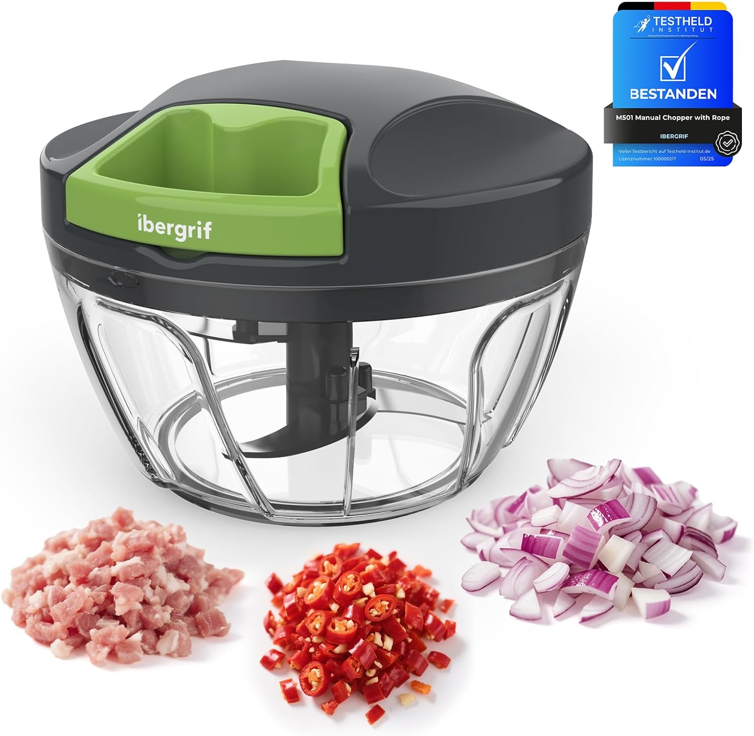 Ibergrif M501 - Picadora manual de alimentos, cortadora multifuncional de cebolla para cocina, libre de BPA, apta para lavavajillas, procesador de alimentos fácil de usar para cebollas, ajo y nueces