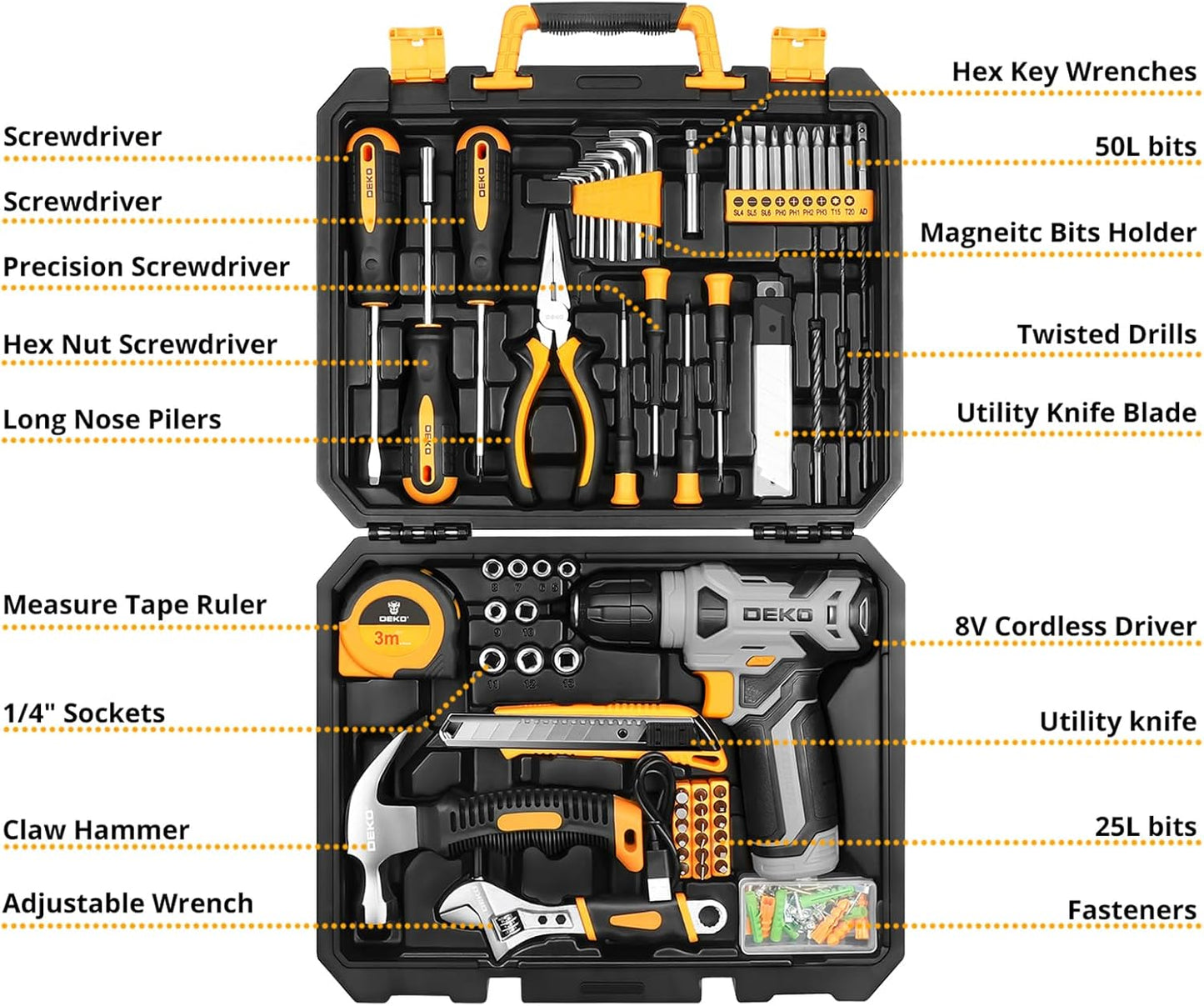 Kit de Herramientas Completo con Taladro Atornillador 8V – Maletín 126 Piezas para Bricolaje y Hogar