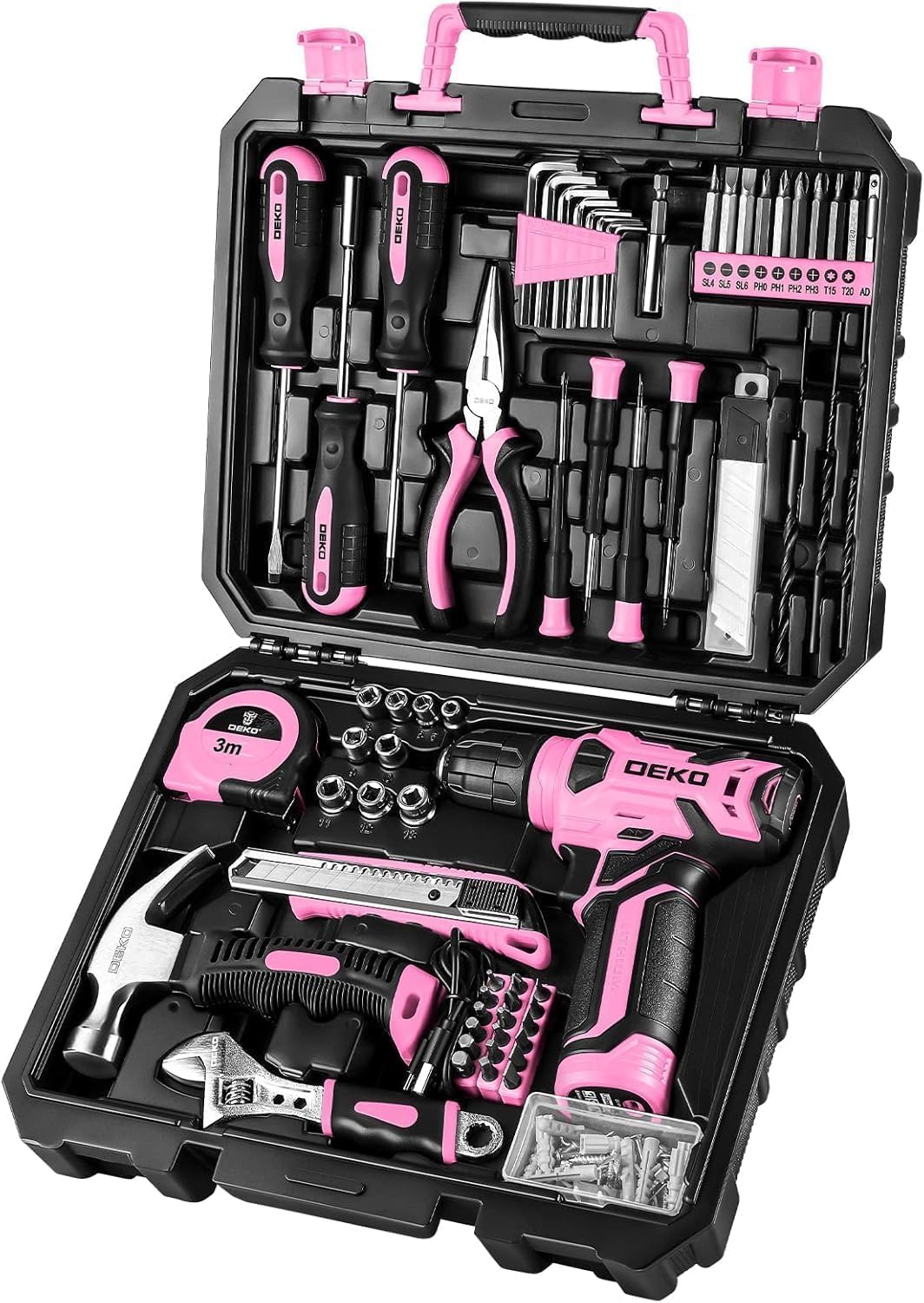 DEKO Juego Completo de Herramientas con Destornillador Eléctrico/Taladro de 8V, Maletín Profesional de 126 Piezas, Set Premium de Herramientas para Bricolaje en Hogar, Oficina y Jardín, Gris