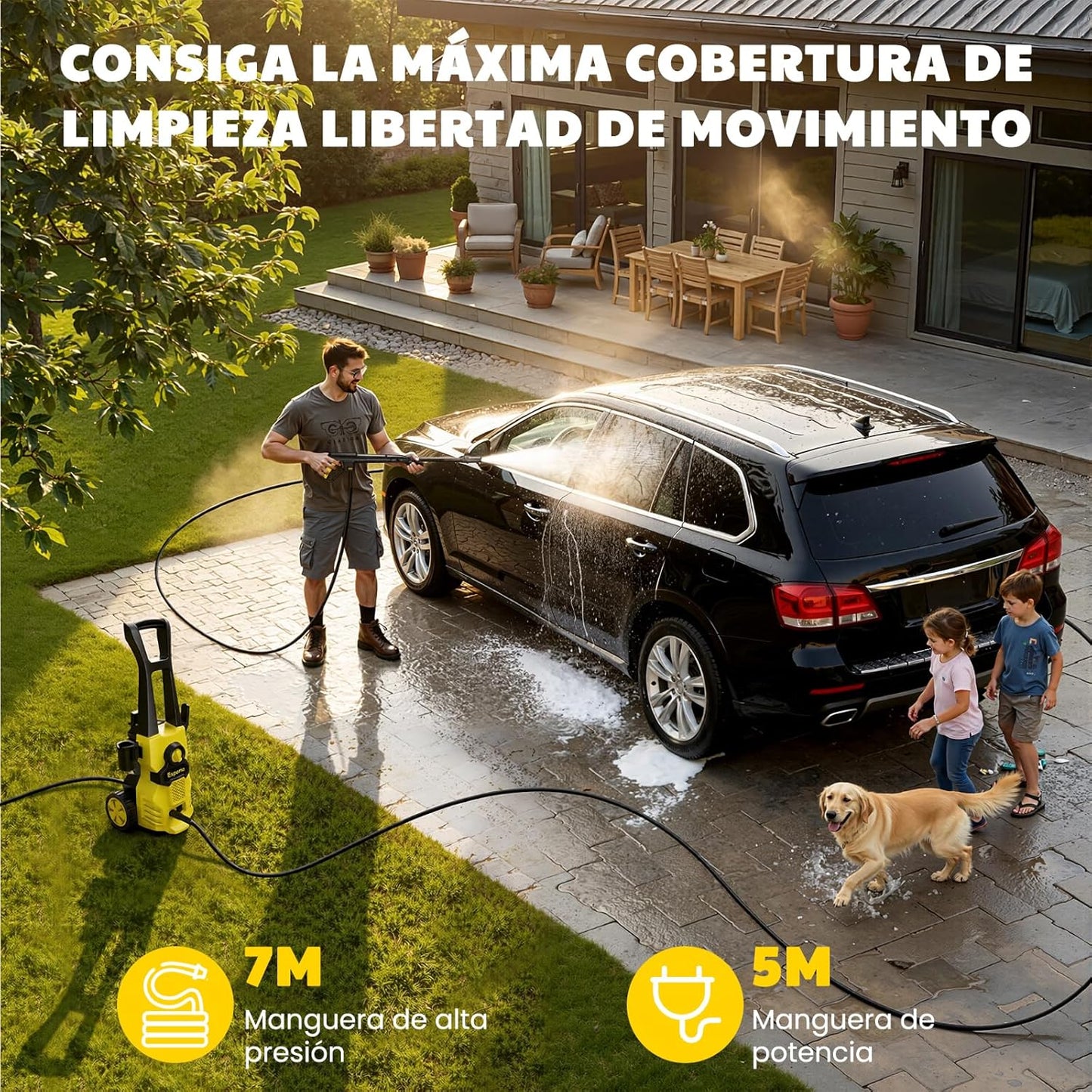 Hidrolimpiadora de Alta Presión 120 Bar – 380 L/h, Manguera 7 m, Bomba de Aluminio y Radio de Acción 12 m