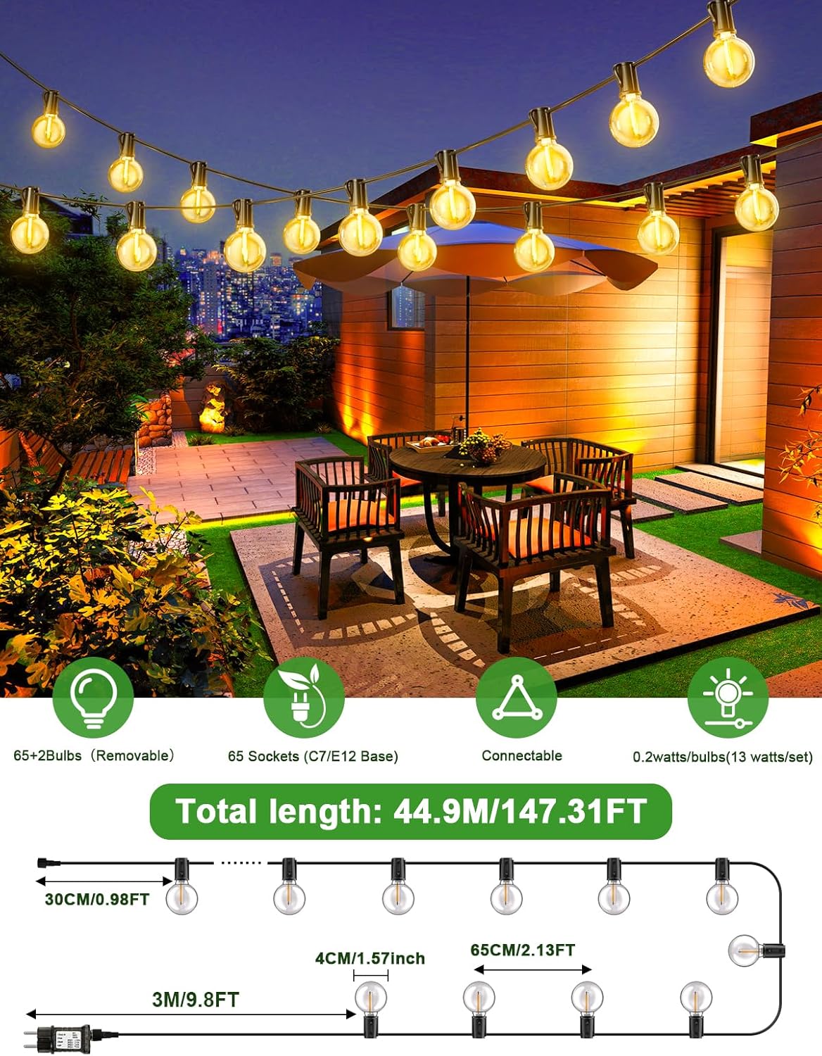 FIFlying Guirnaldas de Luces Solares para Exterior, 17.1M/56.1Ft Lámparas Solares de Jardín con 24+1 Bombillas G40, 8 Modos, Impermeables – Guirnalda Solar Premium para Jardín, Terraza, Navidad y Eventos Especiales