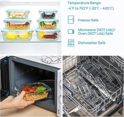 Set de Recipientes de Cristal Herméticos para Alimentos – Envases Reutilizables con Tapas, Aptos para Microondas y Lavavajillas (15 paquetes)