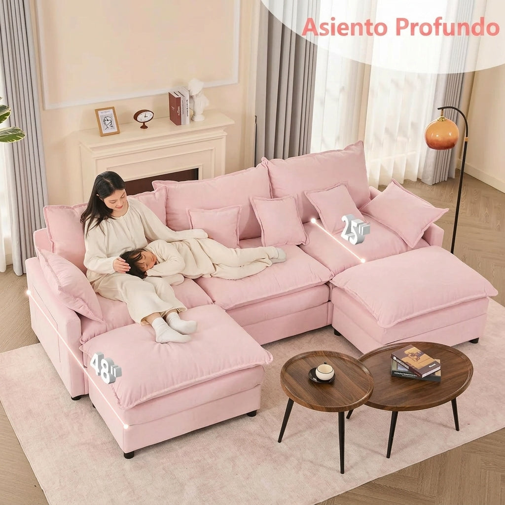 Sofá Modular en U de 3 Plazas con Puff – Diseño Moderno, Asientos Profundos y Máximo Confort
